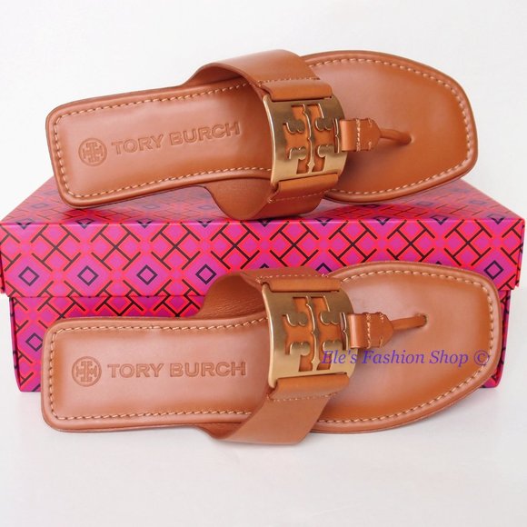 NIB Tory Burch Georgia Logo Leather Thong Sandal Aged Camello US 7 7.5 8 9 9.5 - Picture 10 of 16